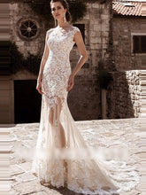 Champagne Lace Tulle Mermaid Wedding Dresses Detachable Train Bridal Gown WD368