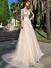 Sexy Long Sleeves Lace Tulle  Appliques Wedding Dresses Bridal Gown with Back Buttons WD370