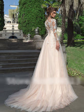 Sexy Long Sleeves Lace Tulle  Appliques Wedding Dresses Bridal Gown with Back Buttons WD370