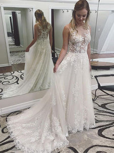 Sexy Scoop Neck Sheer Top Lace Tulle Appliques A-line Wedding Dresses Bridal Gown with Back Button WD371