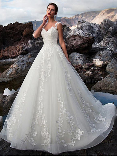 V-neck Lace Tulle Applique A-line Wedding Dress Bridal Gown WD372