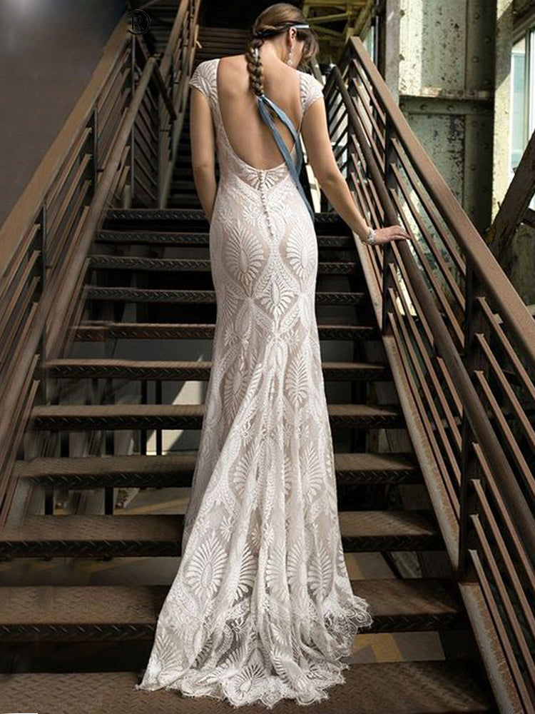 Unique Lace Bohemian Wedding Dress With Cap Sleeves Open Back Mermaid Bridal Gown WD379