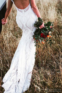 Unique Lace Bohemian Wedding Dress With Cap Sleeves Open Back Mermaid Bridal Gown WD379