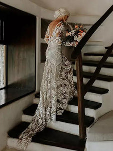 Unique Boho Chic Lace Long Sleeves Wedding Dresses Backless Bohemian Bridal Gown WD382