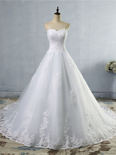 Lace Appliques Tulle Sweetheart Wedding Dresses A Line Court Train Bridal Gown WD389