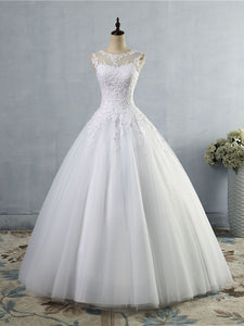 Round Neckline Sheer Back A-Line Wedding Dresses Bridal Gown with Buttons WD391