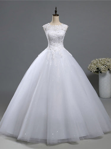 A Line Lace Tulle Wedding Dresses Bridal Gown with Crystal Beads WD392