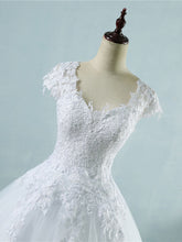 Lace Appliques Tulle Short Cap Sleeve A Line Wedding Dresses bridal Gown WD393