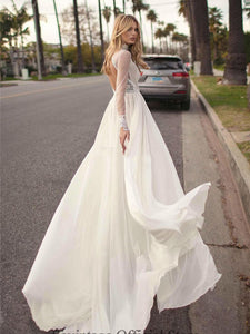 Sexy Slit Side Chiffon Wedding Dresses High Neck Long Sleeve Backless Lace Boho Bridal Gown WD397