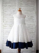 White Navy Lace Short Flower Girl Dresses with Big Bows ASD044