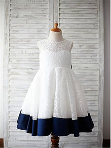 White Navy Lace Short Flower Girl Dresses with Big Bows ASD044