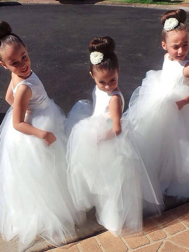 Backless White Ivory Tulle Flower girl Dress with Buttons ALD045