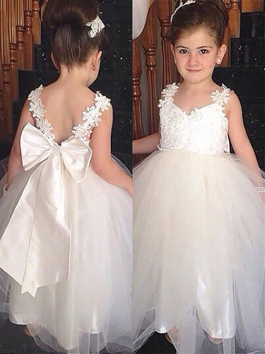 White Ivory Lace Long Flower Girl Dresses V Back with Big Bow Sash ALD024
