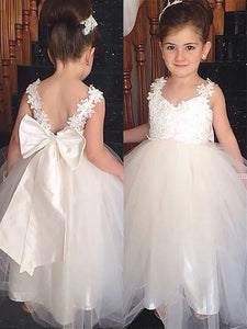 White Ivory Lace Long Flower Girl Dresses V Back with Big Bow Sash ALD024
