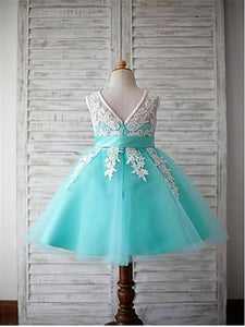 White Mint Short Lace Flower Girl Dresses ASD041
