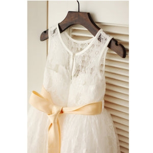 Round Neck Short Lace Flower Girl Dresses with Removable Sash ASD019