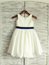 Short White Ivory Flower Girl Dress with Buttons and Navy Blet ASD039