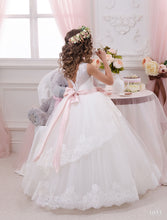 White Ivory Lace Flower Girl Dresses with Pink Sash Ball Gown Princess Birthday Party Dress PFD067