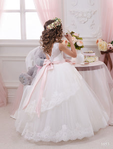 White Ivory Lace Flower Girl Dresses with Pink Sash Ball Gown Princess Birthday Party Dress PFD067