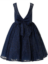 Navy Lace Short Backless Flower Girl Dresses with a Big Bow ASD045