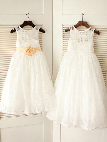 Round Neck Short Lace Flower Girl Dresses with Removable Sash ASD019