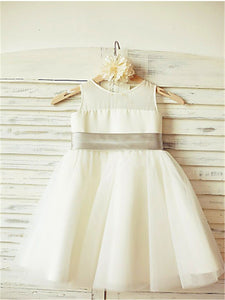 Short Satin Tulle Flower Girl Dress Tutus with Big Grey Sash Bow ASD057