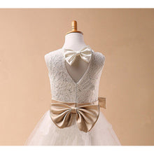 Long White Ivory Lace Flower Girl Dresses with Champagne Sash ALD038