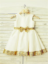 White Ivory Short Flower girl Dress with Gold Bottom Edge and Belt Bow ASD077