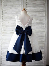 White Navy Lace Short Flower Girl Dresses with Big Bows ASD044