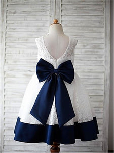 White Navy Lace Short Flower Girl Dresses with Big Bows ASD044