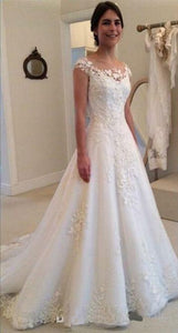 Vintage Lace Appliques Wedding Dress Sheer Back Cap Sleeves Bridal Gown  WD303