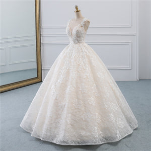 Vintage Round Neck Sheer Top Lace Tulle Wedding Dress Bridal Gown WD335