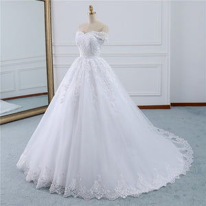 Off Shoulder Ball Gown Lace Wedding Dress with Long Train WD328