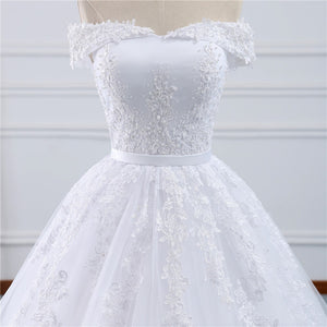 Off Shoulder Ball Gown Lace Wedding Dress with Long Train WD328