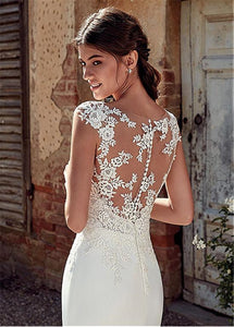 Modest Soft Satin Bateau Neckline Mermaid Wedding Dresses Illusion Back Lace Appliques Bridal Gown WD351